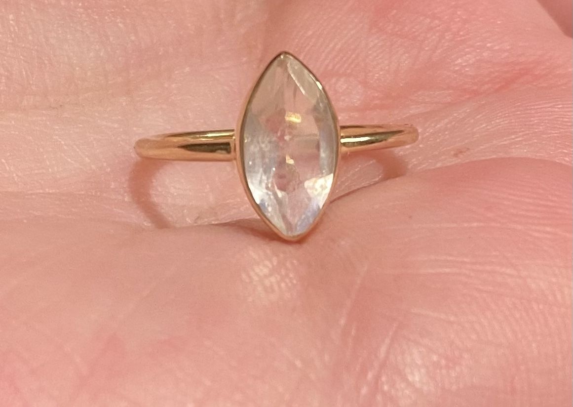 Exquisite 7x12mm Marquise Cut Natural Rainbow Moonstone Solitaire Gold Ring 925 Sz 7