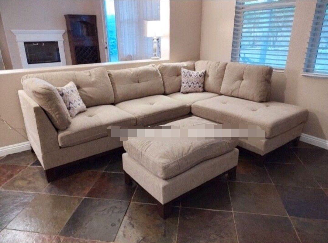 Brand New Camel Color Chenille Sectional Sofa Couch + Ottoman 