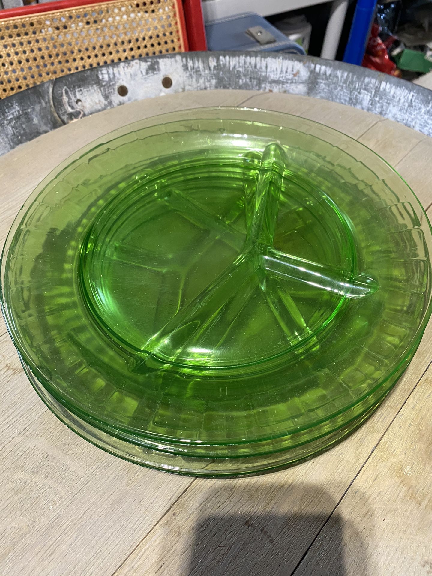 Vintage Antique End Table Green Glass Depresion Plates Dishes Butter Mold Frame Iron