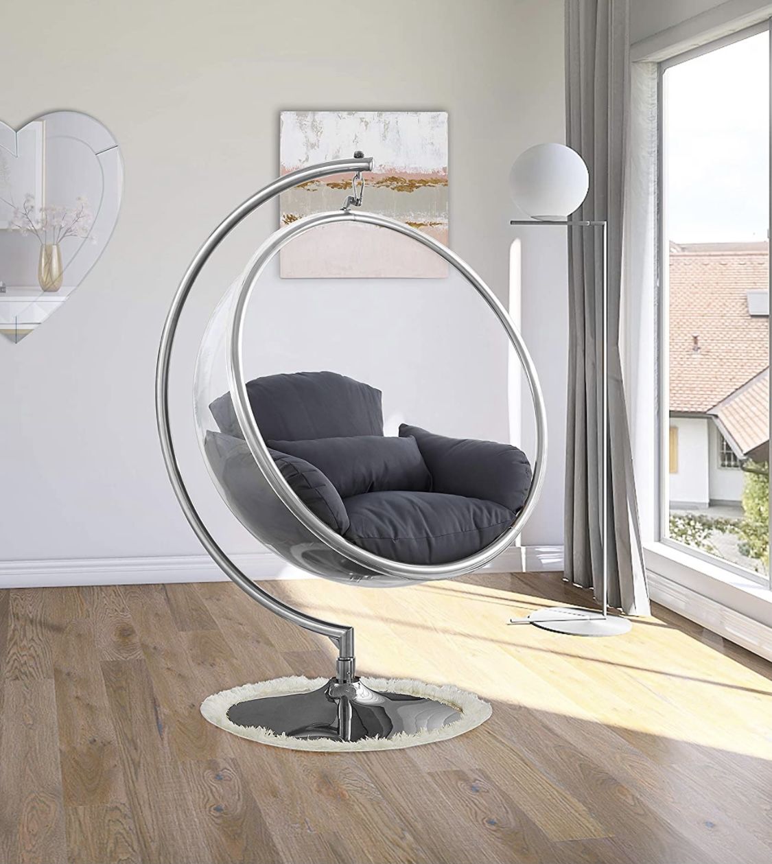 Hanging Bubble Chair Polished Chrome With Stand And Cushion Pillows