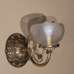 Beautiful Mid-Century Brass Wall Lamp With Etched Glass Shades 13x9 " Thumbnail
