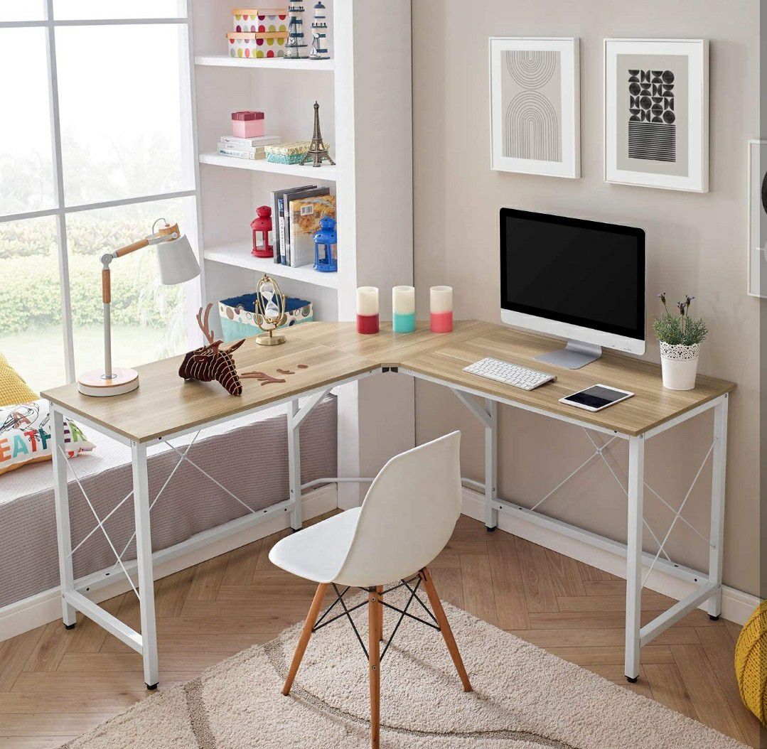 Sleek L Shaped Desk w/ Shelves (54.3’’) Computer Corner Desk Wood Metal Gaming Desk Table Home Office Workstation