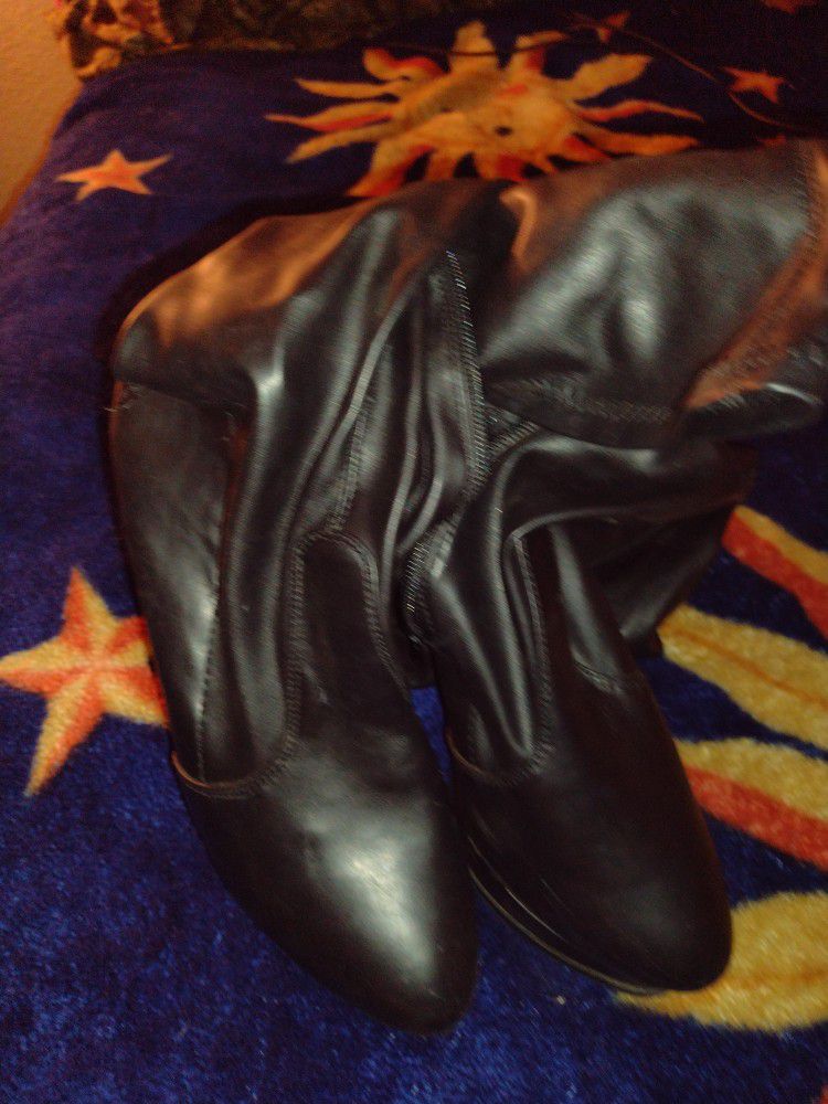 Black Leather Thigh High Heels