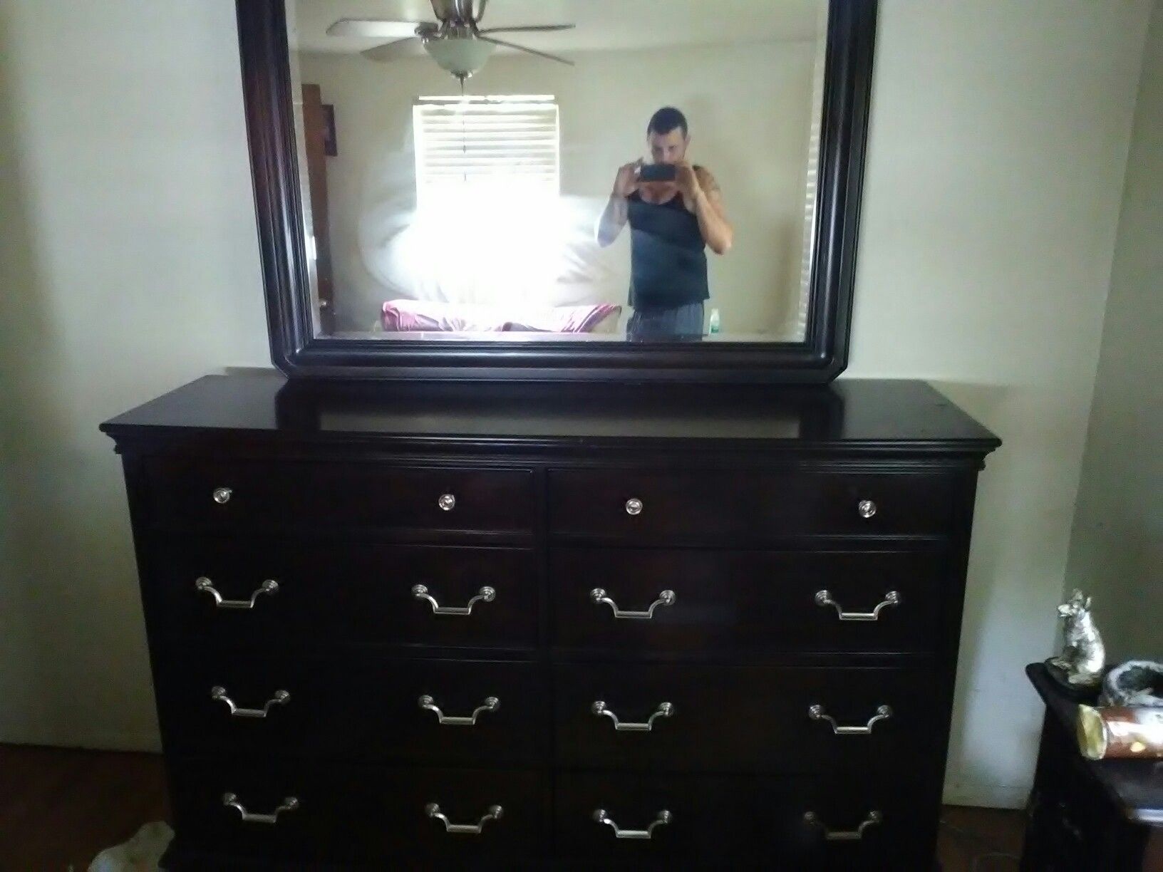 Dark mahogony dresser with large mirror