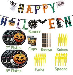 NEW Halloween Party Supplies Set- Serve 20 - Halloween Decorations For Adults And Kids, Include Halloween Plates Cups Napkins Straws Tablecloth Banner Thumbnail