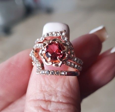 3 Band Natural Ruby Flower Wedding Set.... Sizes 8 and 10