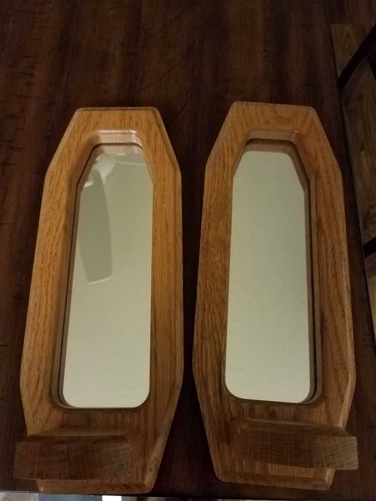 2 Vintage Solid Oak Wood Sconce Candle Holders With Mirrors