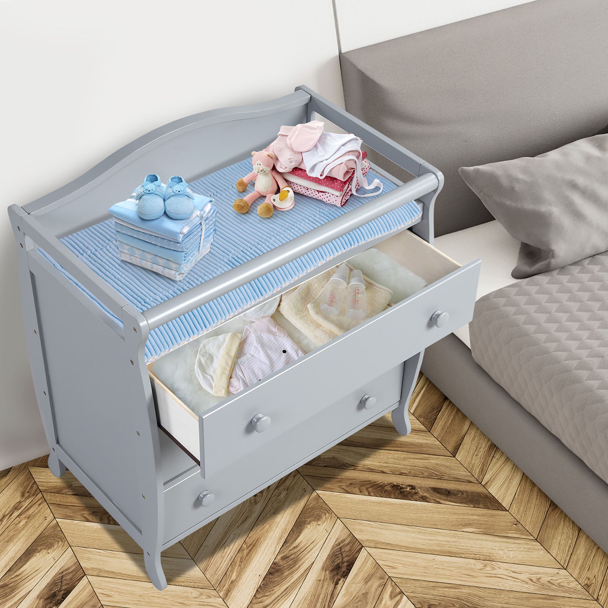 Costway 3-Drawer Dresser Changing Table w/Safety Belt Guardrails for Kids' Room