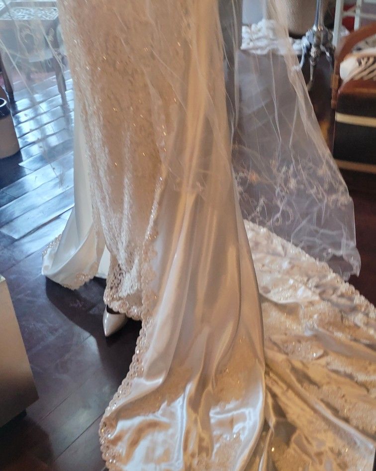 EMAUEL UNGARO VINTAGE LACE PEARL SEQUIN BEADED WEDDING GOWN & TRAINNEW NEVER WORN SIZE 12 I ORY