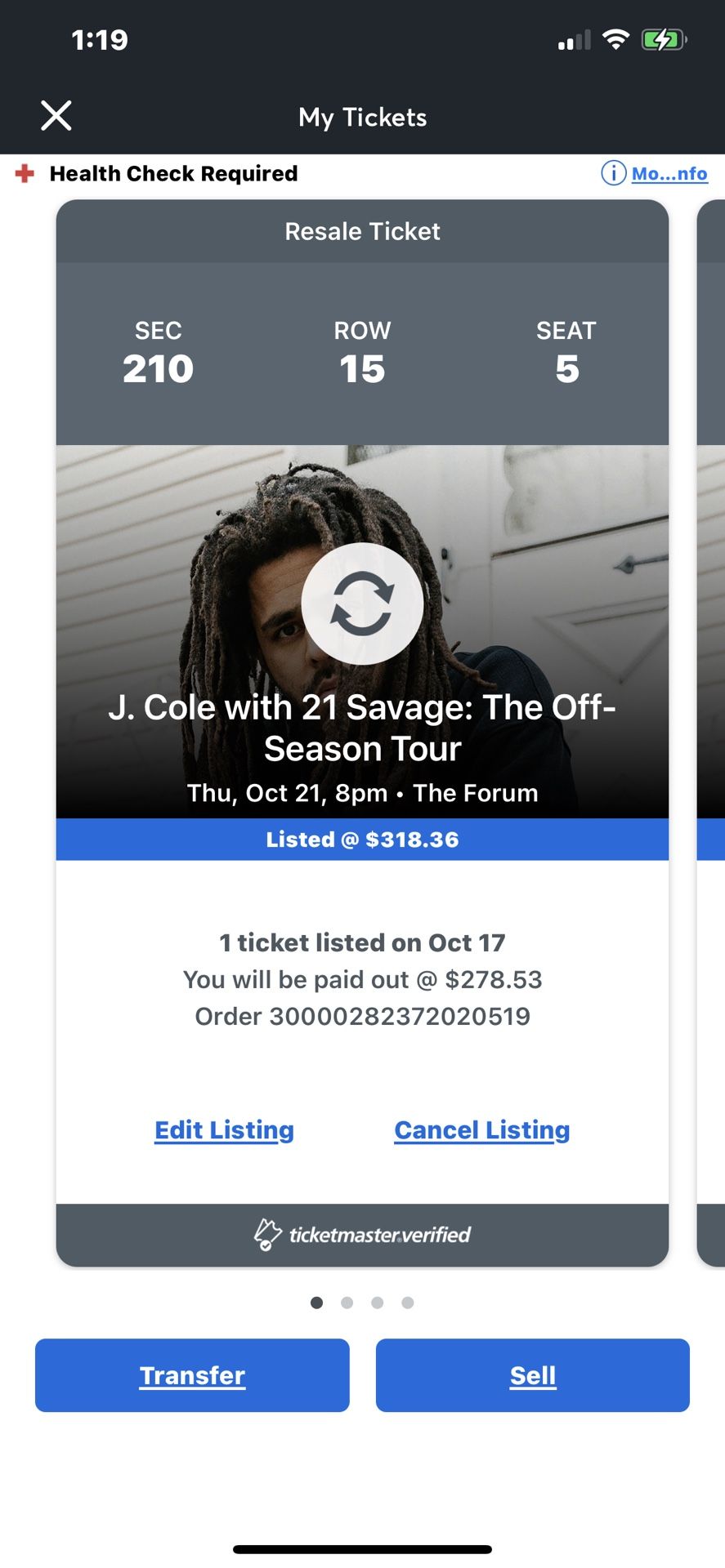 J. Cole Tickets $600 For 3 Tickets. Section 210, Row 15