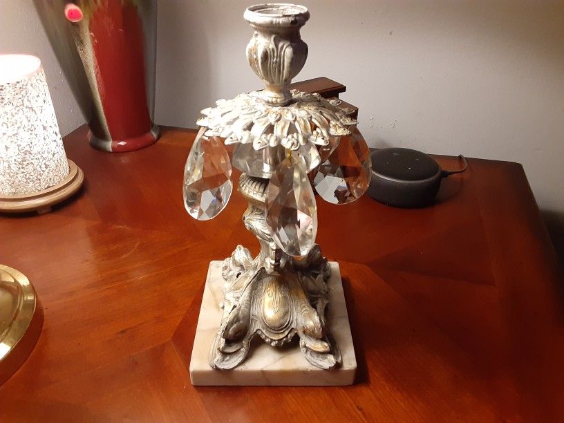 REALLY NEAT BRASS and Marble CANDLE HOLDER WITH TEAR Drops THIS IS Heavy VERY NICE