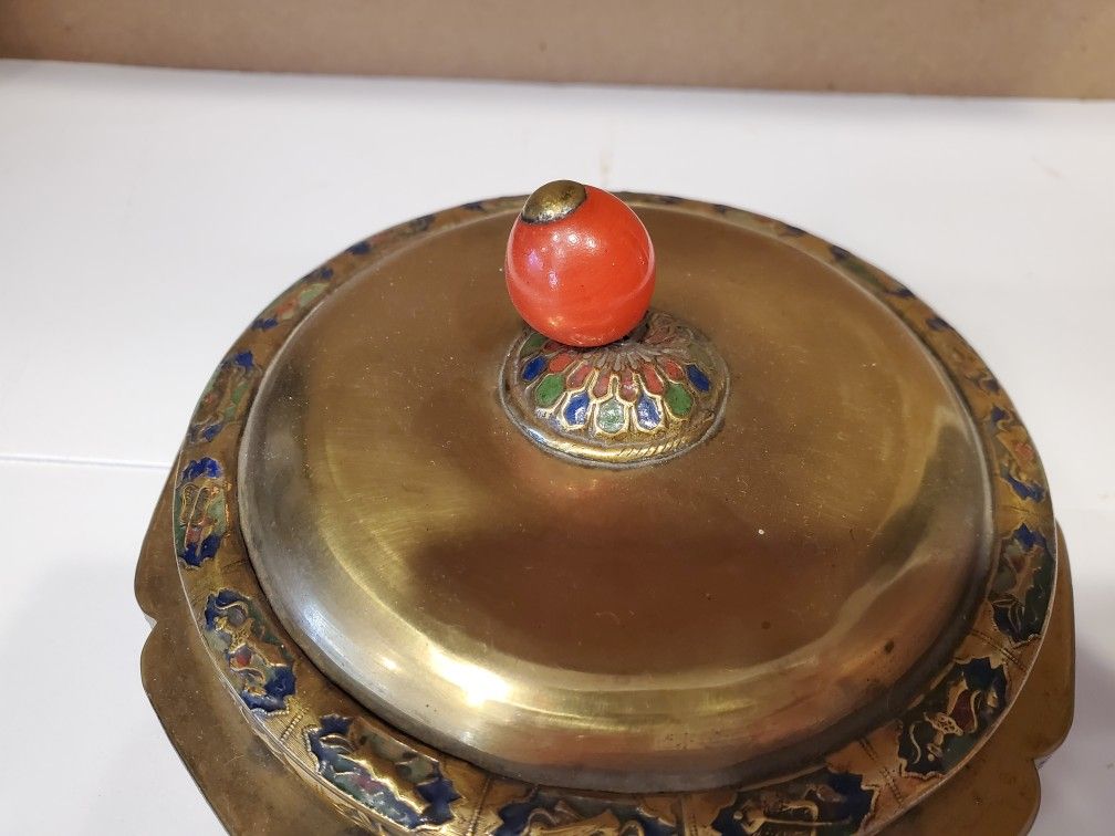 ANTIQUE BRASS AND ENAMEL COVERED DISH AMBER GLASS LINED