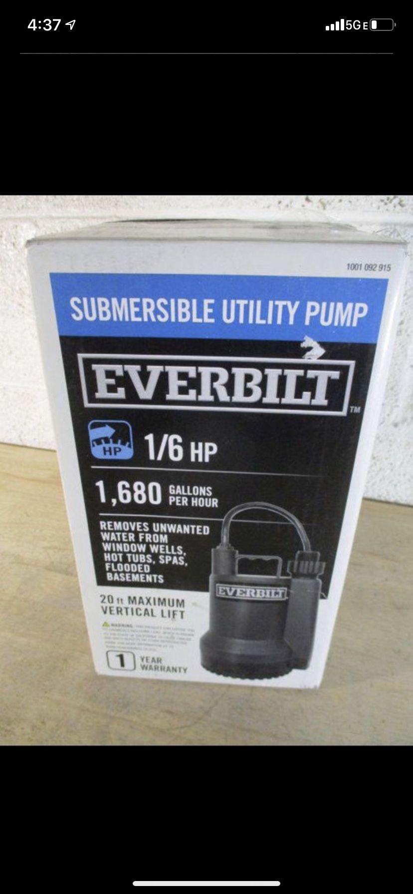 UNUSED Everbilt 1/6 HP Plastic Submersible Utility Pump for Sale in