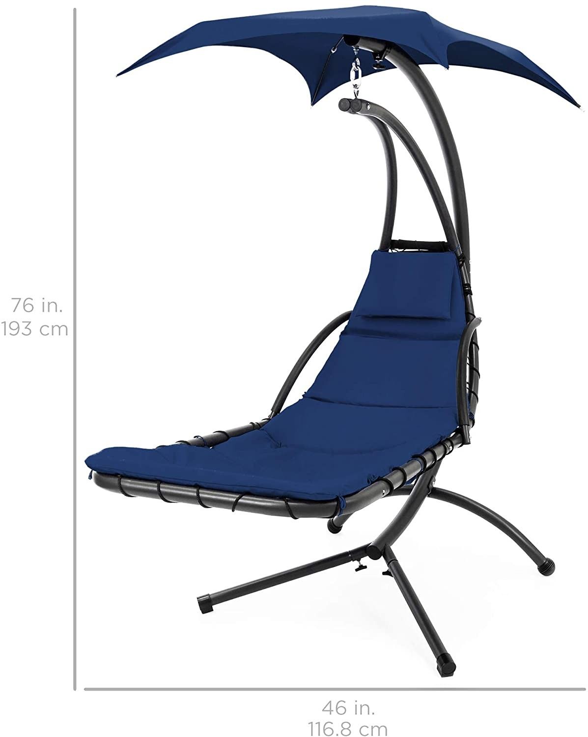 Hanging Curved Lounge Chair Swing Canopy with Pillow, Stand, Navy Blue