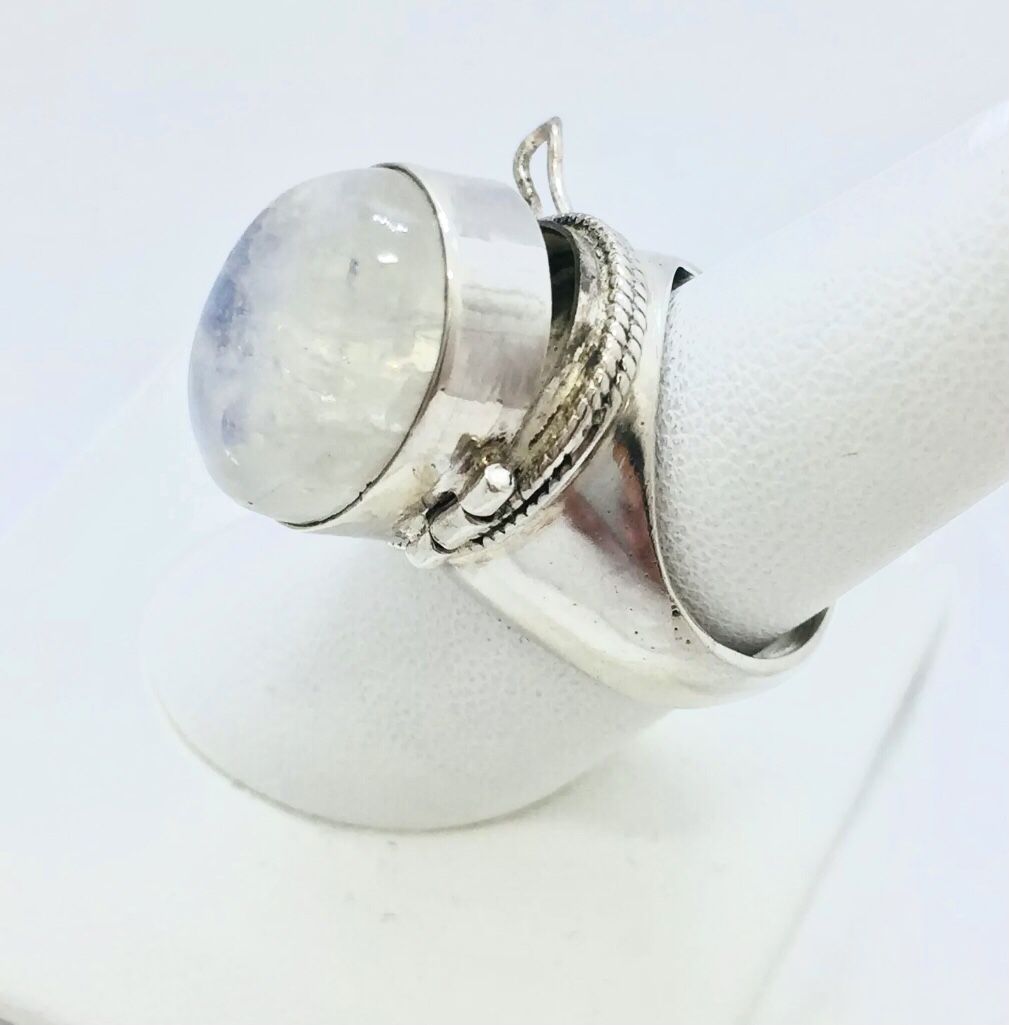 925 Sterling Silver Large Natural Rainbow Moonstone Pill Box Poison Ring