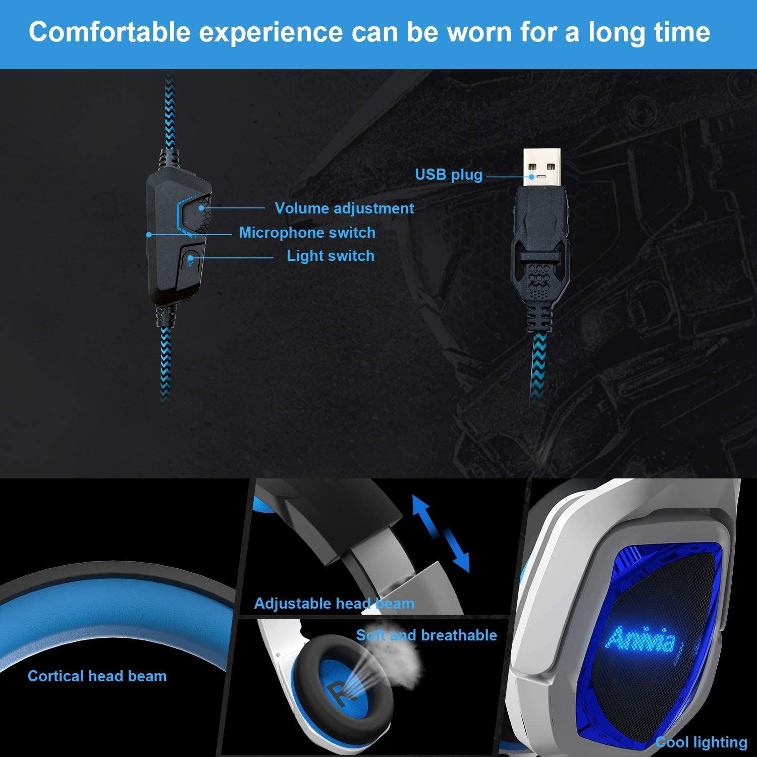 USB Gaming Headset Virtual 7.1 Surround Sound Headphones with Microphone, Soft Earmuffs Surround Sound for PC Computers, Mac, Laptop, Desktop, (Blue W