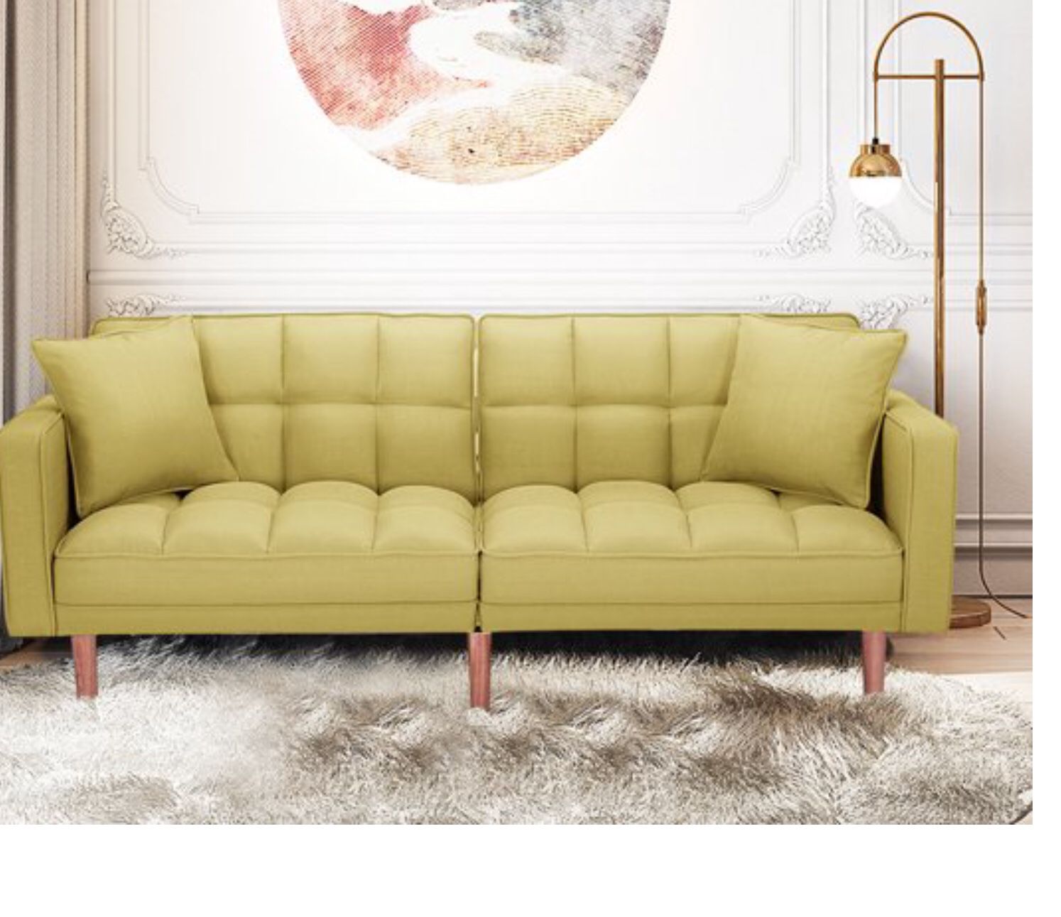Sofa, Sofa Bed, Couch, Futon, Yellow, Faux Leather W Wood Base