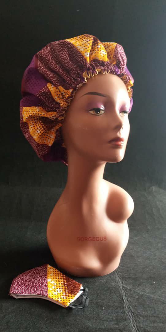 African print hair bonnet and face masks set