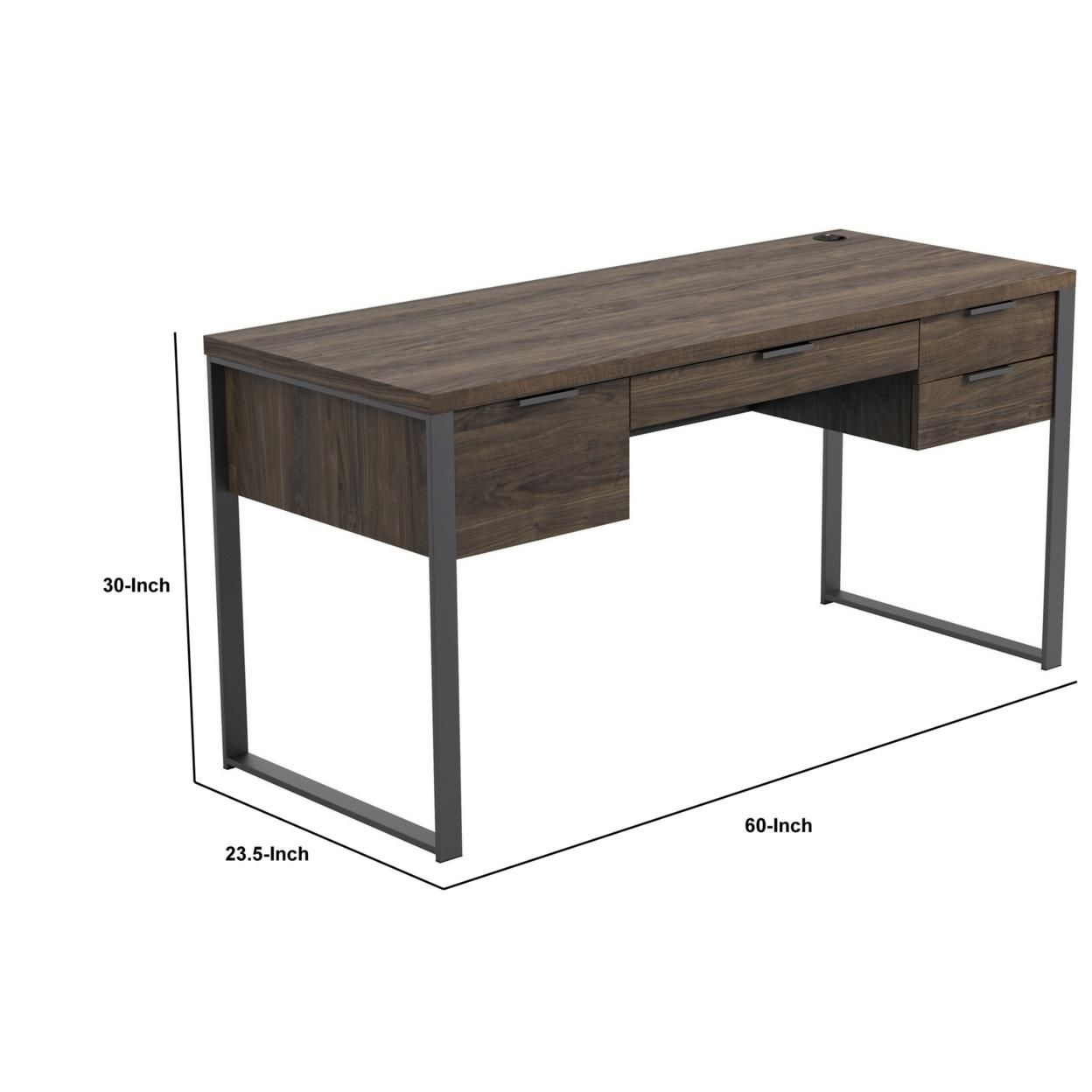 Wooden Writing Desk with 4 Drawers and Metal Base, Brown, Saltoro Sherpi