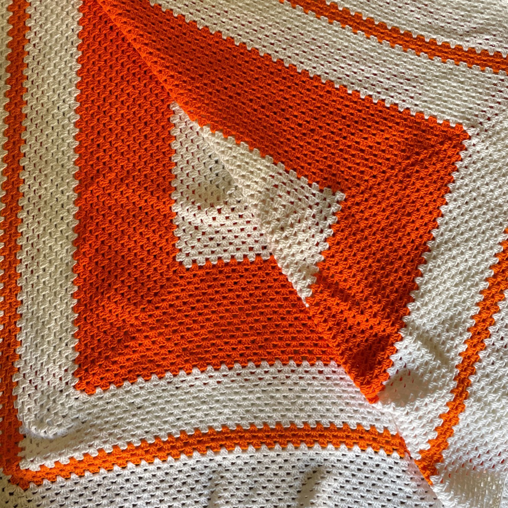 Handmade Crochet Blanket, Orange And White, King/Queen