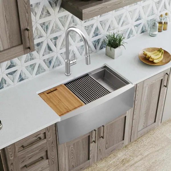 Glacier Bay All-in-One Farmhouse Apron-Front Stainless Steel 36 in. 50/50 Double Bowl Workstation Sink with Faucet and Accessories - #75260-OS