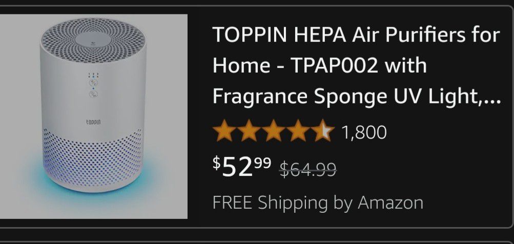 NEW Toppin Comfy HEPA Air Purifier. 
