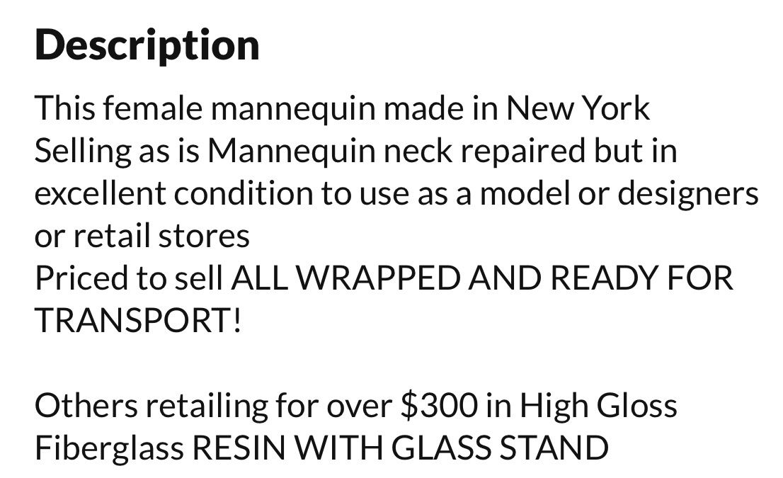 MANNEQUIN ADULT WOMEN FULL BODY with ALL REMOVABLE LIMBS SMOOTH HIGH GLOSS RESIN on STEEL & TEMPERED GLASS STAND Made In NYC ORIGINAL PRICE $300 