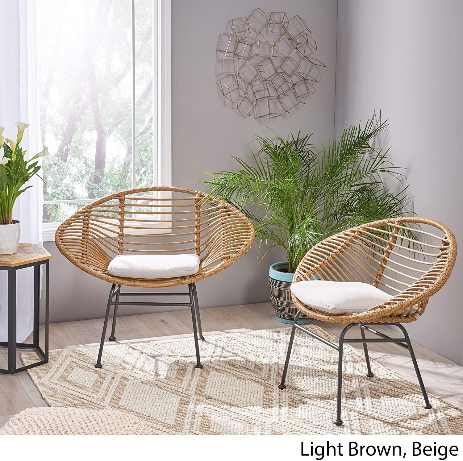Set of 2 - Modern Woven Rattan Chair with Cushions, Light Brown and Beige