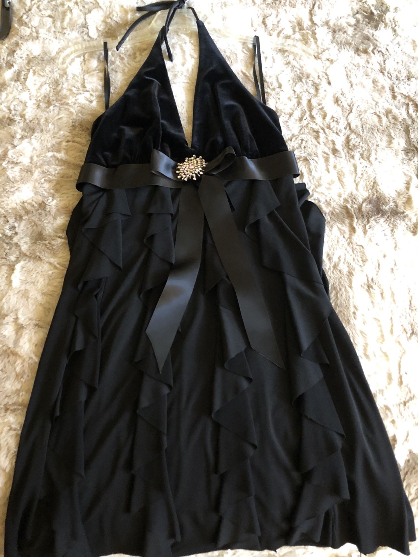 Velvet Halter Top Black Holiday Mini Dress With Silver Jewel