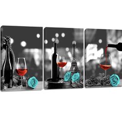 Kitchen Wall Decor Canvas Wall Art Red Wine Teal Rose Artwork for Home Walls Black and White Painting Giclee Printed Dining Room Decor Turquoise Pine  Thumbnail