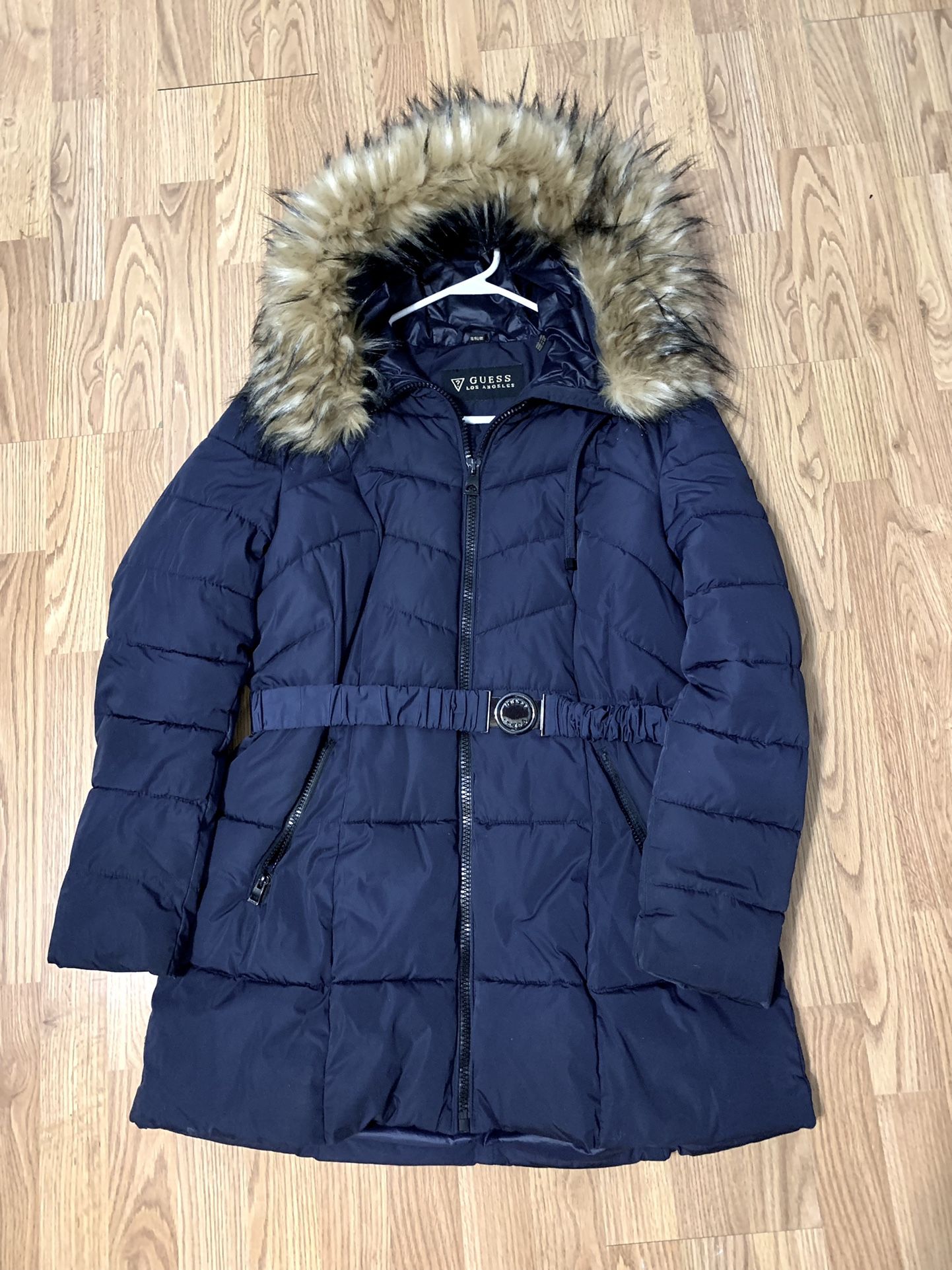 Guess Down Filled parka Fur Hooded puffer coat Blue winter jacket Womens x-large