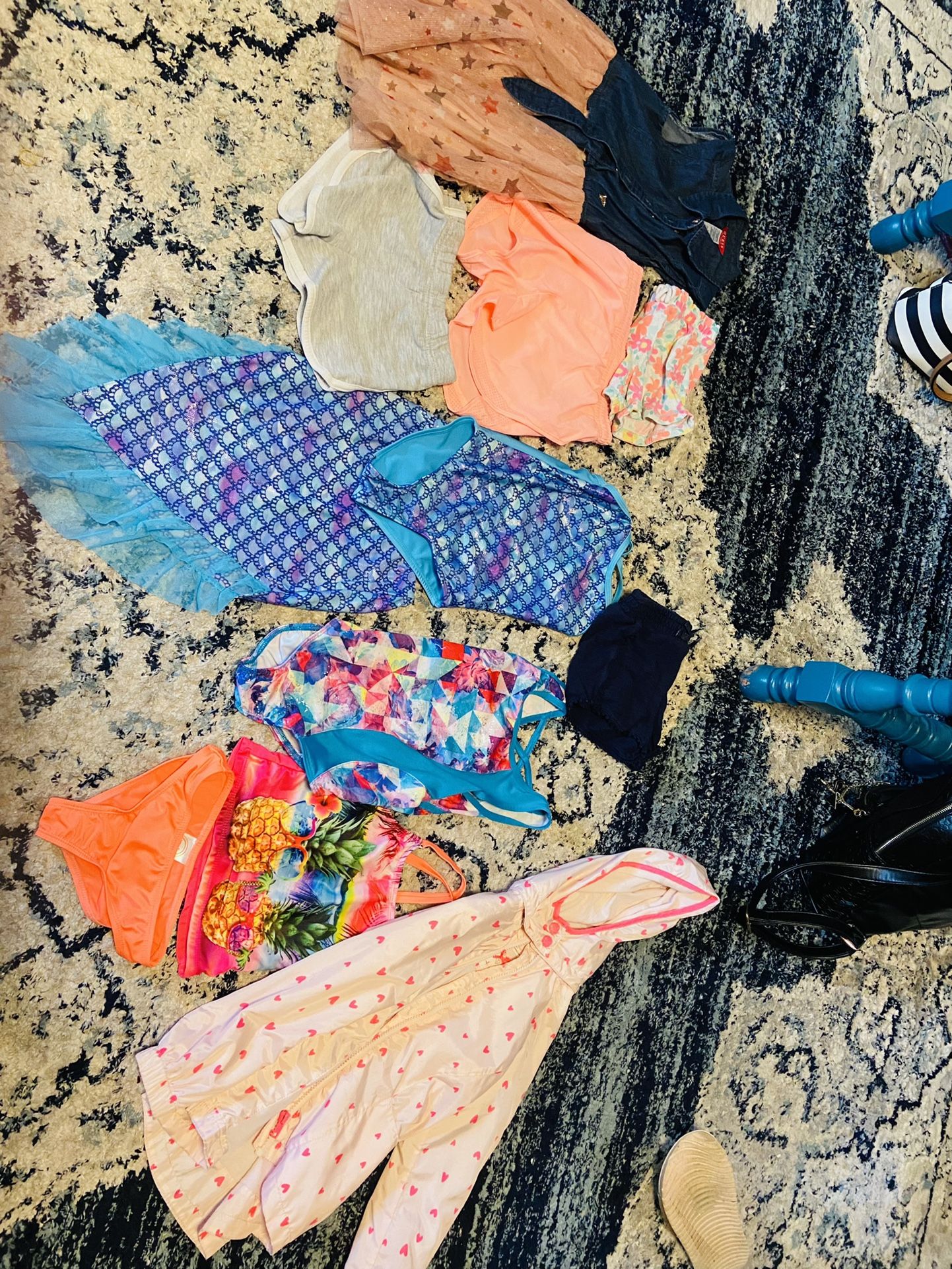 3 swimsuits a rain jacket 4 shorts and a dress Size 4/5