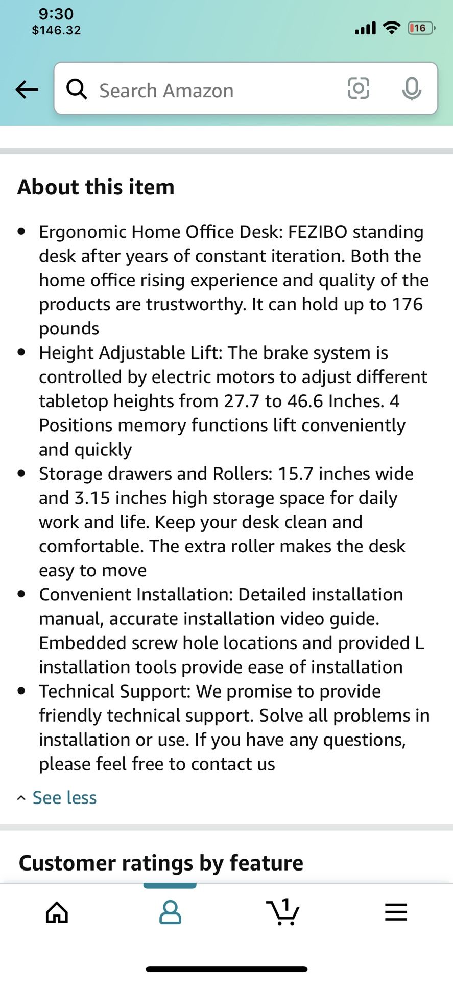 Fezibo Standing Desk w/Drawer 55in