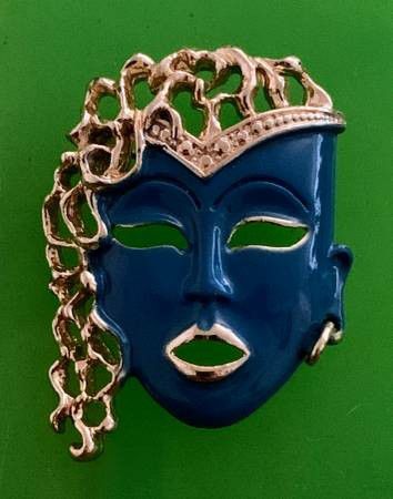 Retro Vintage carnival fiesta blue face mask brooch

