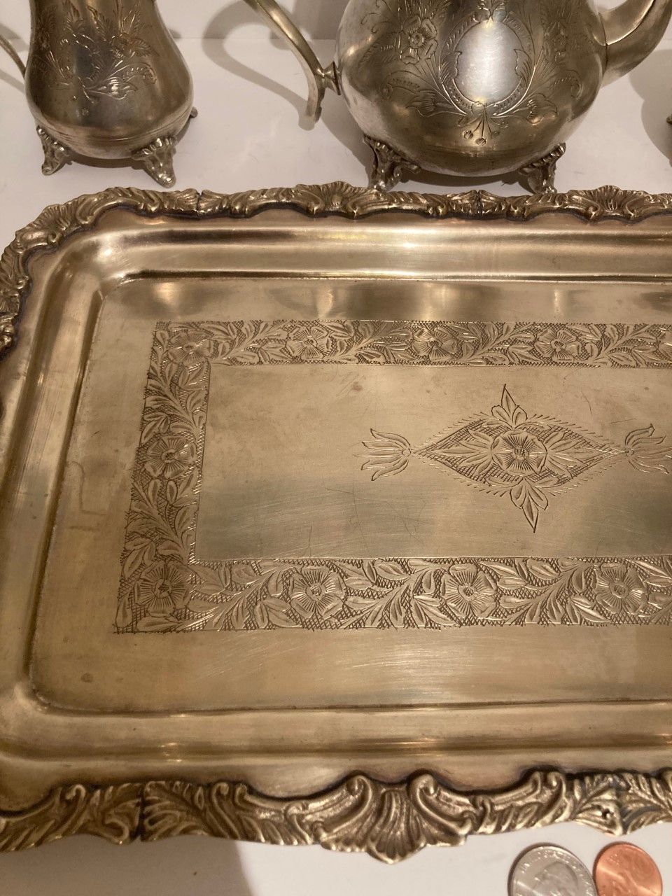 Vintage Metal Silver Teapot Set, Serving Tray, Heavy Duty, 15 1/2" x 10" Tray Size, Home Decor, Kitchen Decor, Table Display, Shelf Display