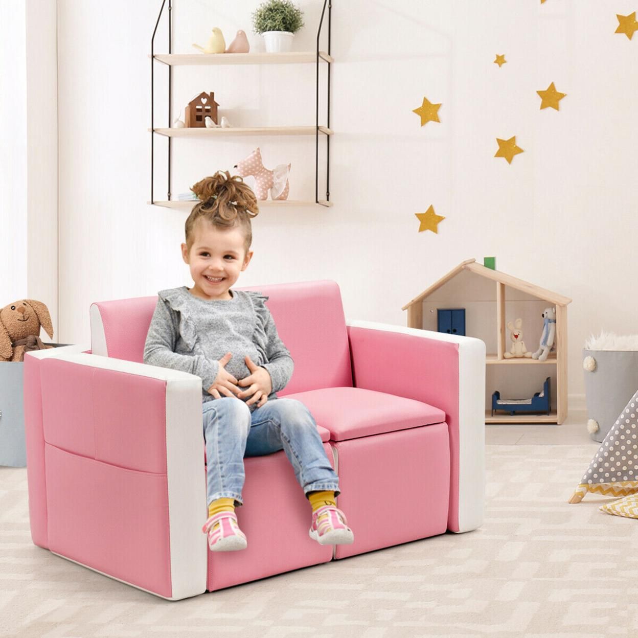 Gymax Multi-functional Kids Sofa Table Chair Set 2 Seat Couch Furniture W/Storage Box