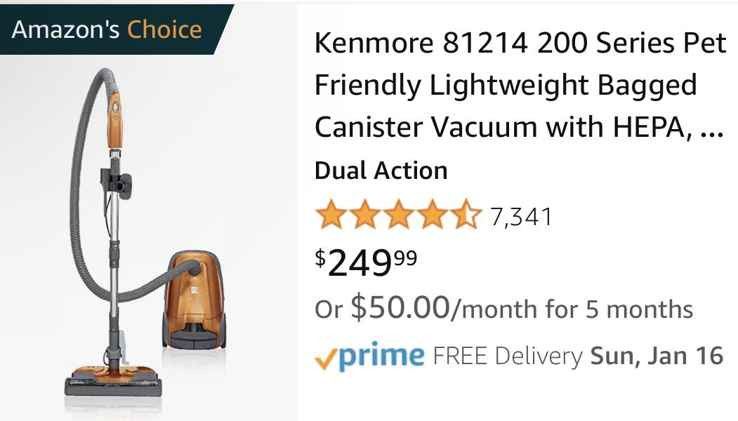 Kenmore 81214 200 Series Pet Friendly Lightweight Bagged Canister Vacuum with HEPA, 2 Motor System