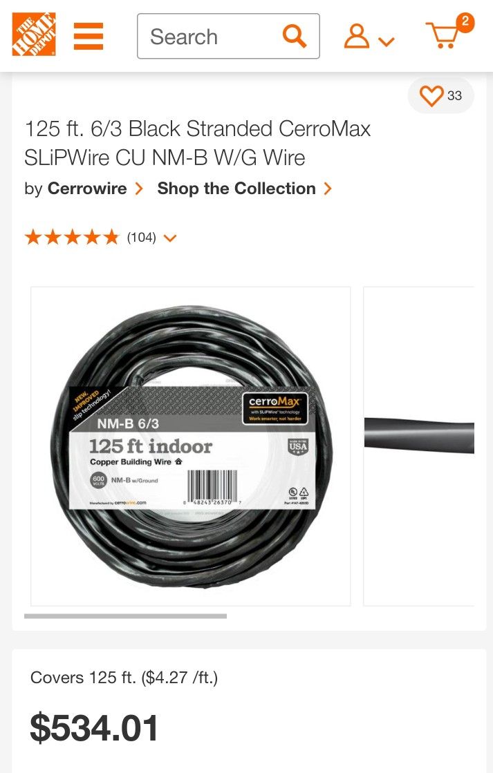 New Cerrowire 125 ft. 6/3 Black Stranded CerroMax SLiPWire CU NM-B W/G Wire