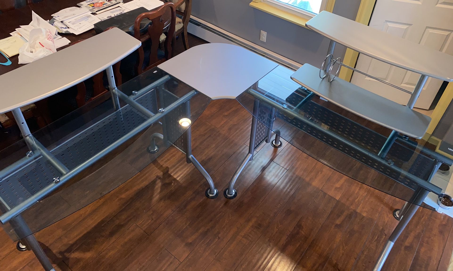 L SHAPED GLASS TWO PIECE DESK