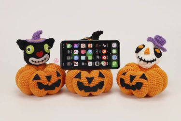 New! Hand Knit Pumpkins | Phone Holder | Fall Decor | Halloween Holiday theme | Desktop Decor Stands Thumbnail