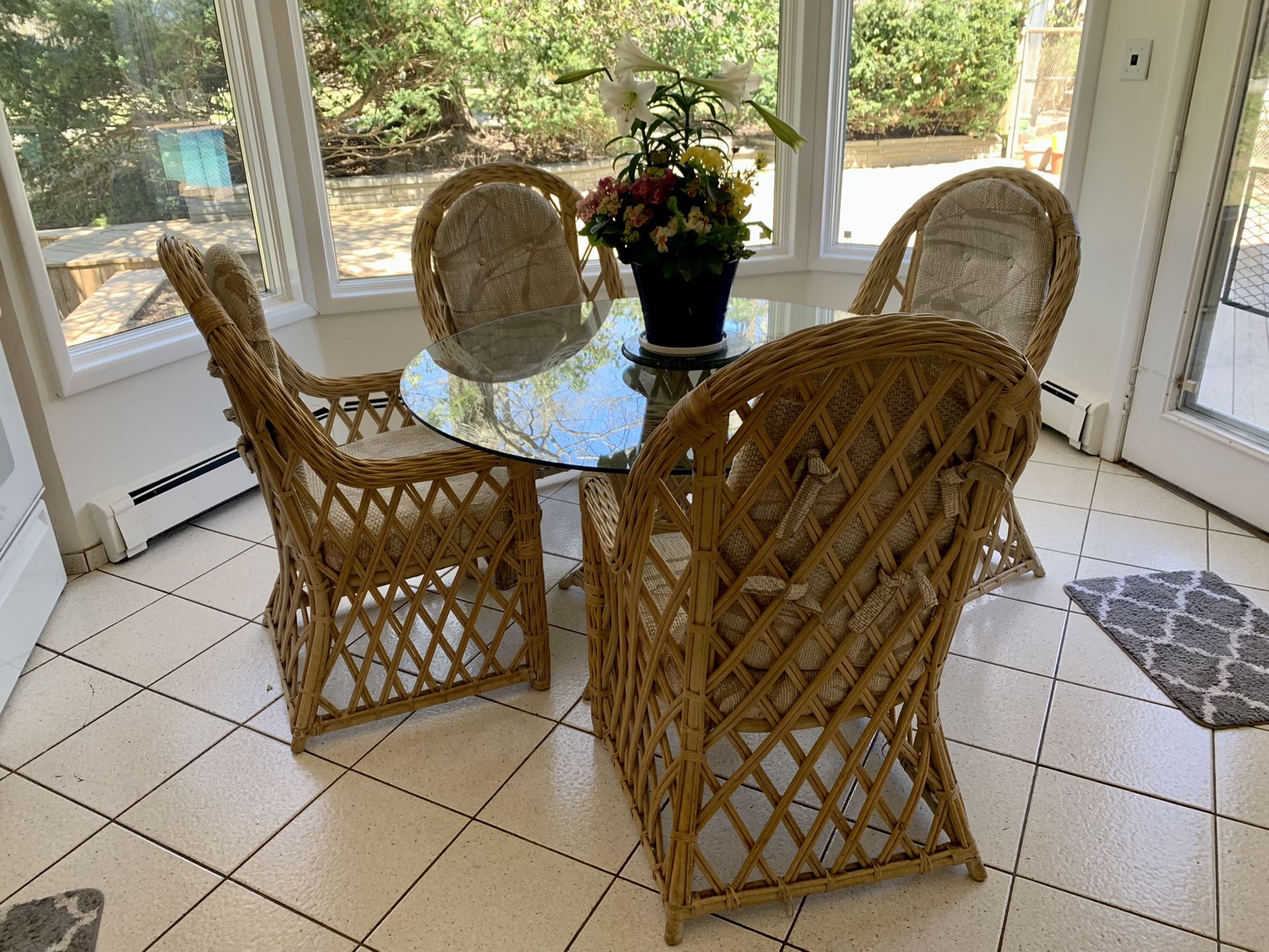 Glass Top Wicker/Wood Table & Four Chairs