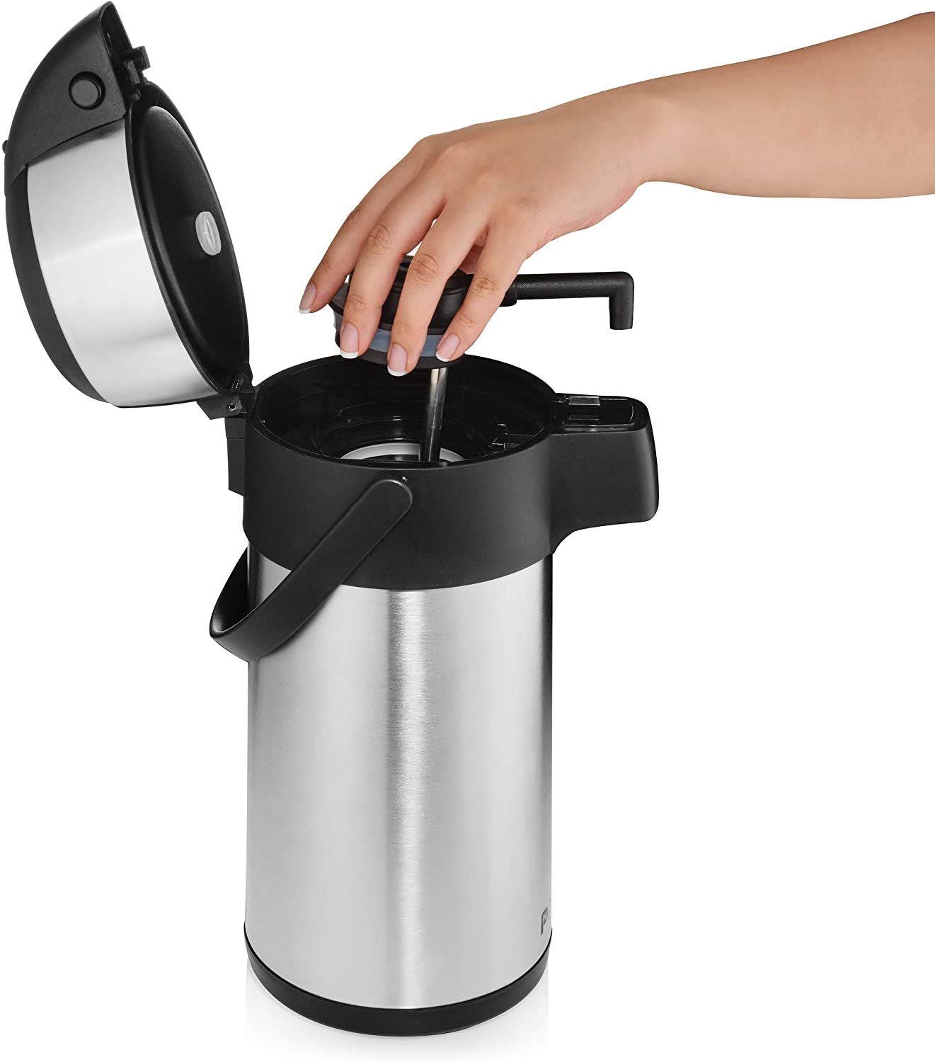 Airpot Coffee Dispenser with Pump/Stainless Steel Thermal Coffee Carafe - Three Liter (102 oz.) Hot Beverage Dispenser with On/Off Pump Switch - Vacuu