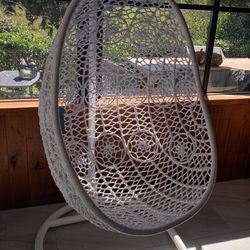 Egg Hanging Chair. New!  White Stand And Hanging Basket. Beautiful! Cream Cushion Included Not Black Pillows. Beautifully!  Thumbnail