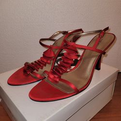 Pre-owned Strappy Red Heels With Ruffle Detail By Nine West Thumbnail
