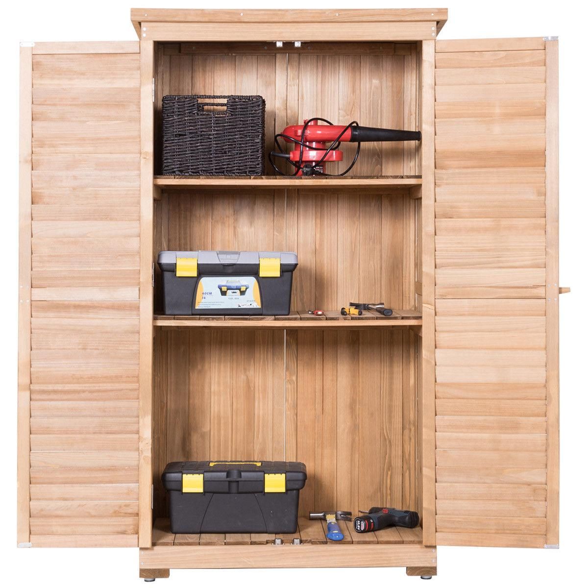 Gymax Outdoor 63'' Tall Wooden Garden Storage Shed Fir Wood Shutter Design Lockers
