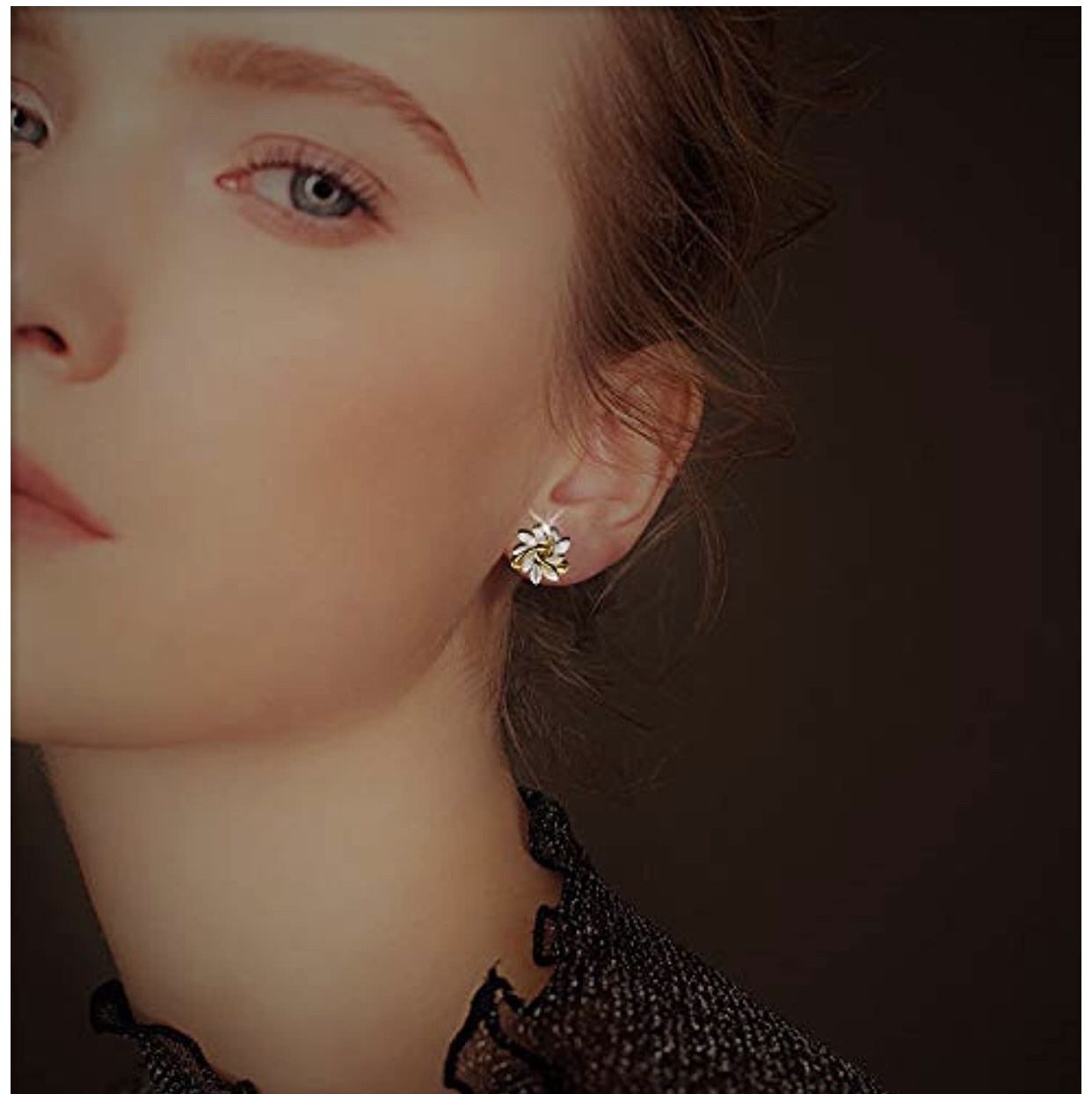 Flower Stud Earrings For Women Girls With White Moonstone Petal-Shaped Gold