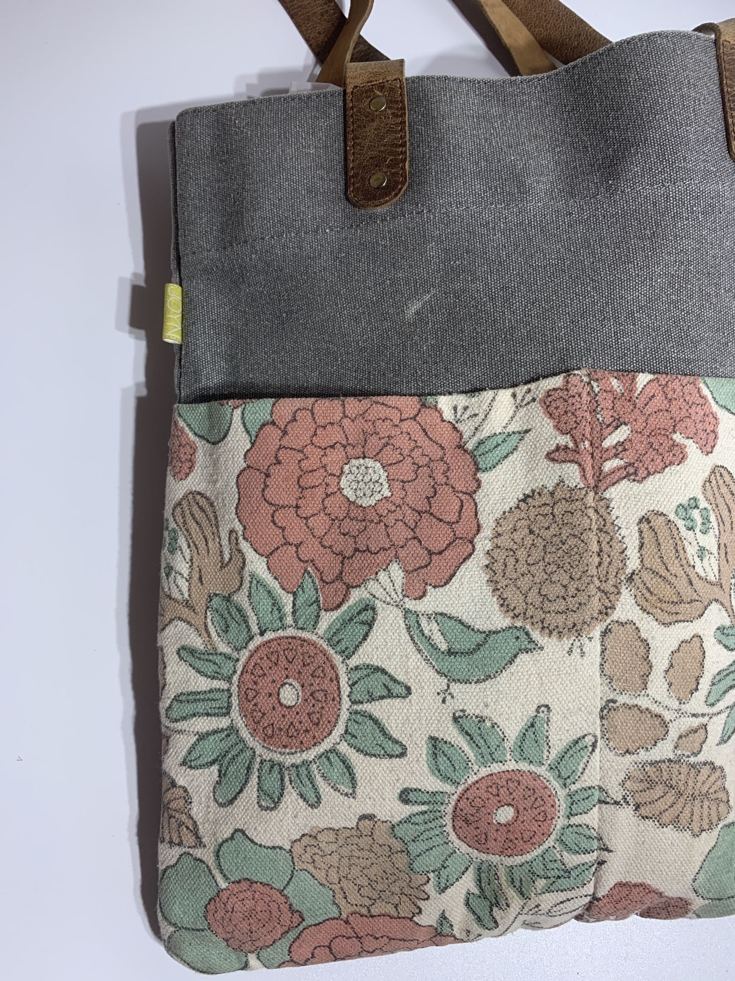 Joyn Canvas Tote Gray Pink with Brown Leather Straps. Used