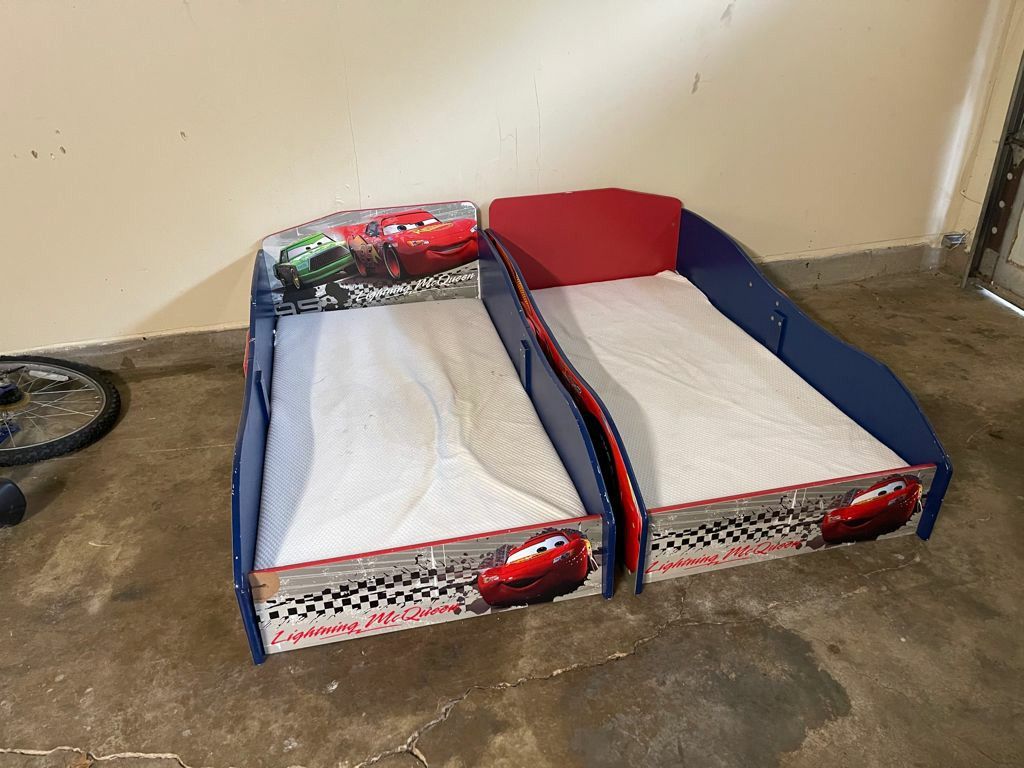 2 Kids Car Beds With Memory Foam Mattress