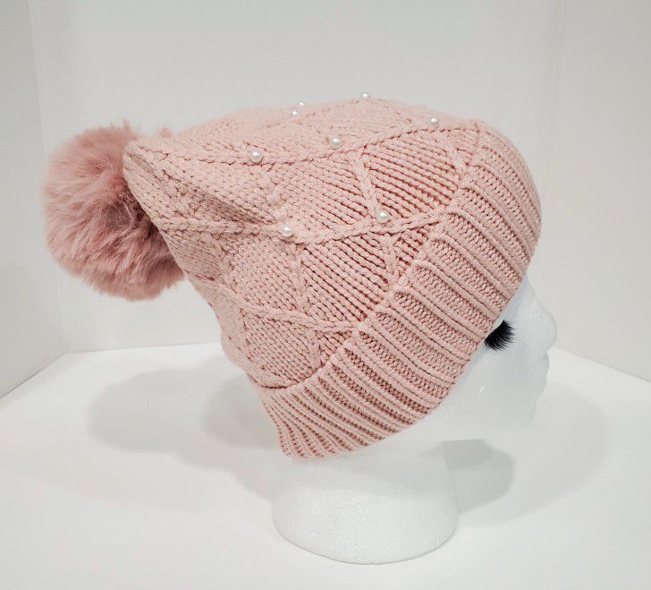 INC International Concepts Imitation Pearl Cable Pom Pom Beanie Color Pink