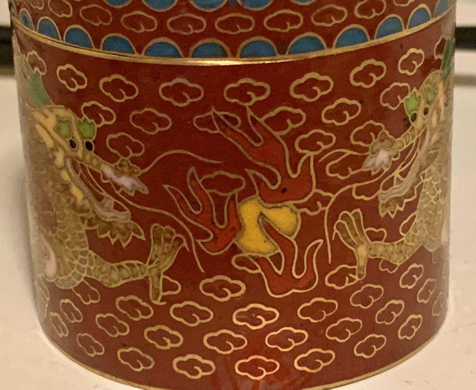 Vintage Set Of Chinese Cloisonné Container, Chinoiserie, Trinket with the 2 Dragons Motif, and 6 Cloisonné Beads With The Flowers Around